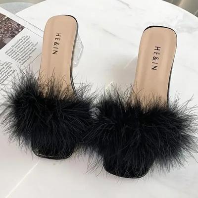 Fashion 2024 New Summer Fluffy Peep Toe Sexy High Heels Women Fur Lady Fashion Wedding Pink Slippers