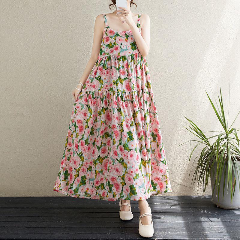 2025 Summer Cotton Linen Printed Patchwork Loose Long Suspender Dress with Slimming Large Hem