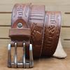 Bold And Thickened Double Pin Buckle Belt, Men'S Genuine Leather Pure Cowhide First Layer Embossed Belt, Retro Casual Jeans Belt