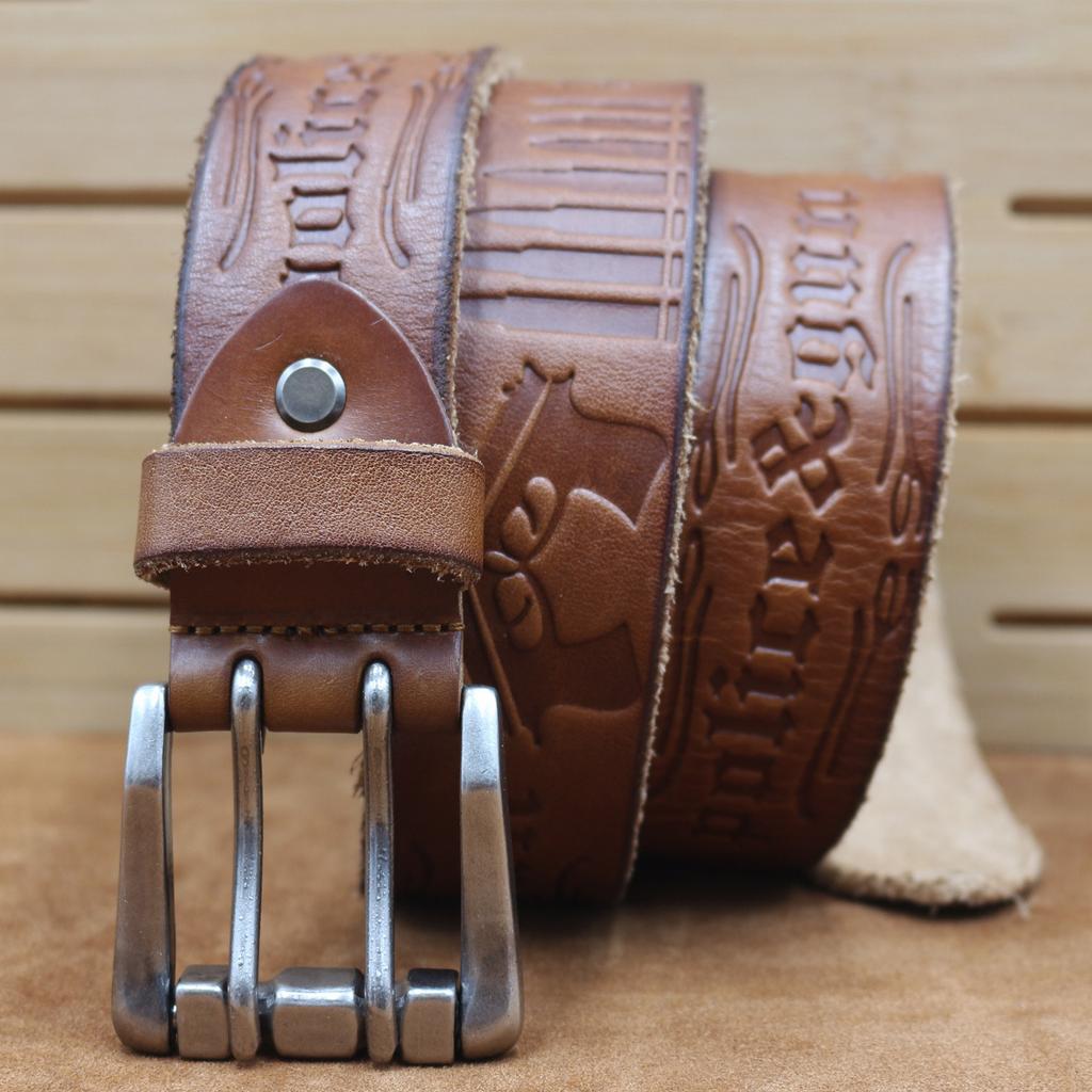 Bold And Thickened Double Pin Buckle Belt, Men'S Genuine Leather Pure Cowhide First Layer Embossed Belt, Retro Casual Jeans Belt