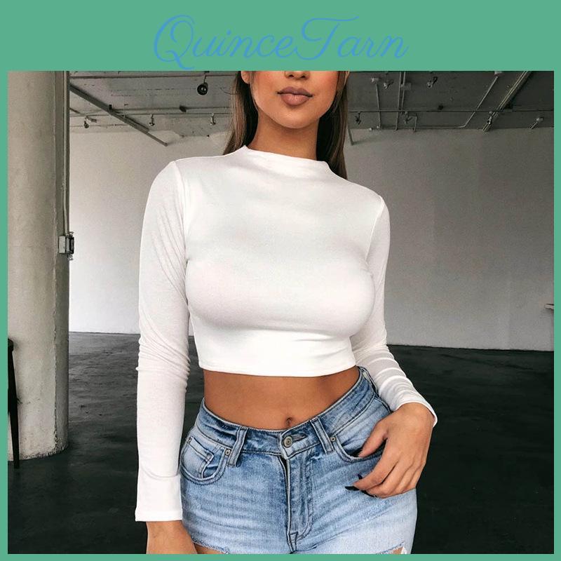 Sleeve Long Basic Solid Womens Tshirt Casual Black White Fashion Crop Top T Shirt Ladies Fashion Korean Tee Shirt