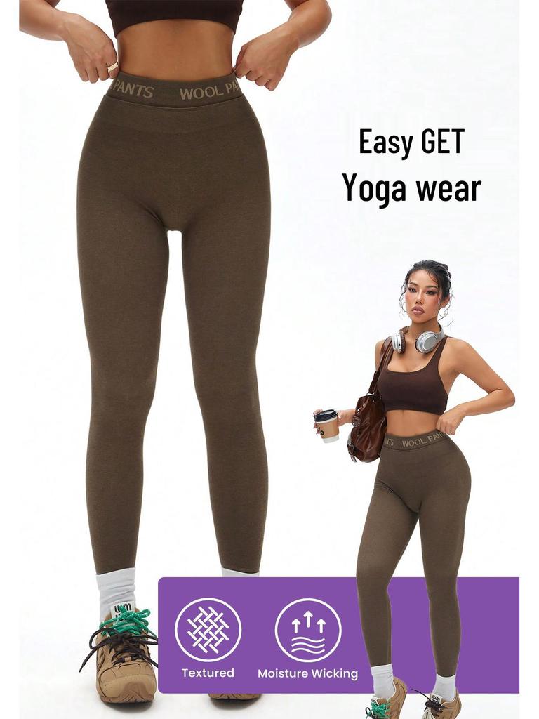 High Waist Cashmere Yoga Leggings with Letter Waistband - Seamless, Comfortable, Tummy Control, Slimming, and Warm.