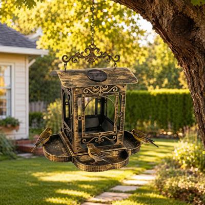 Mangeoire à oiseaux solaire pour l'extérieur suspendue, Mangeoires à oiseaux sauvages en métal forme de chariot rétro, Lanterne de jardin solaire pour terrasse, jardin, Cadeaux pour oiseaux