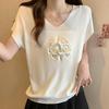 Women Sweaters Pullovers 2025 Summer Short Sleeve V-Neck White Black Embroidery Knitted Sweater Women Tops Pullover JJ232