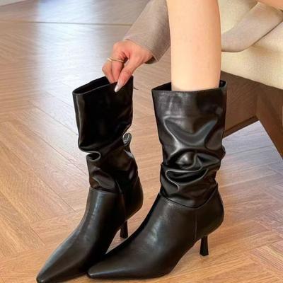 Fashion Winter Outdoors Solid Color Ladies Mid-calf Boots New Pointed Toe 2024 Hot Sale Fashion Slender Heel Outdoors Women Shoes