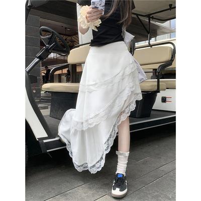 Oregelbundna Vita Boho-Stil Kjolar Koreansk Spets Volangkjol Harajuku Y2K Kjol Vintage Eleganta Chiffonkjolar A-linje Tårtkjol
