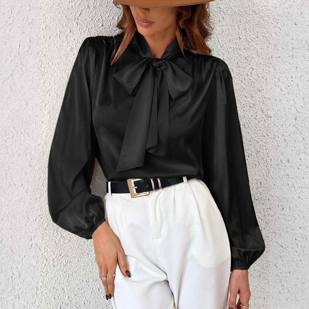 Women's Fashionable Color Round Neck Long Sleeved Lace Bow Casual Versatile Shirt Top