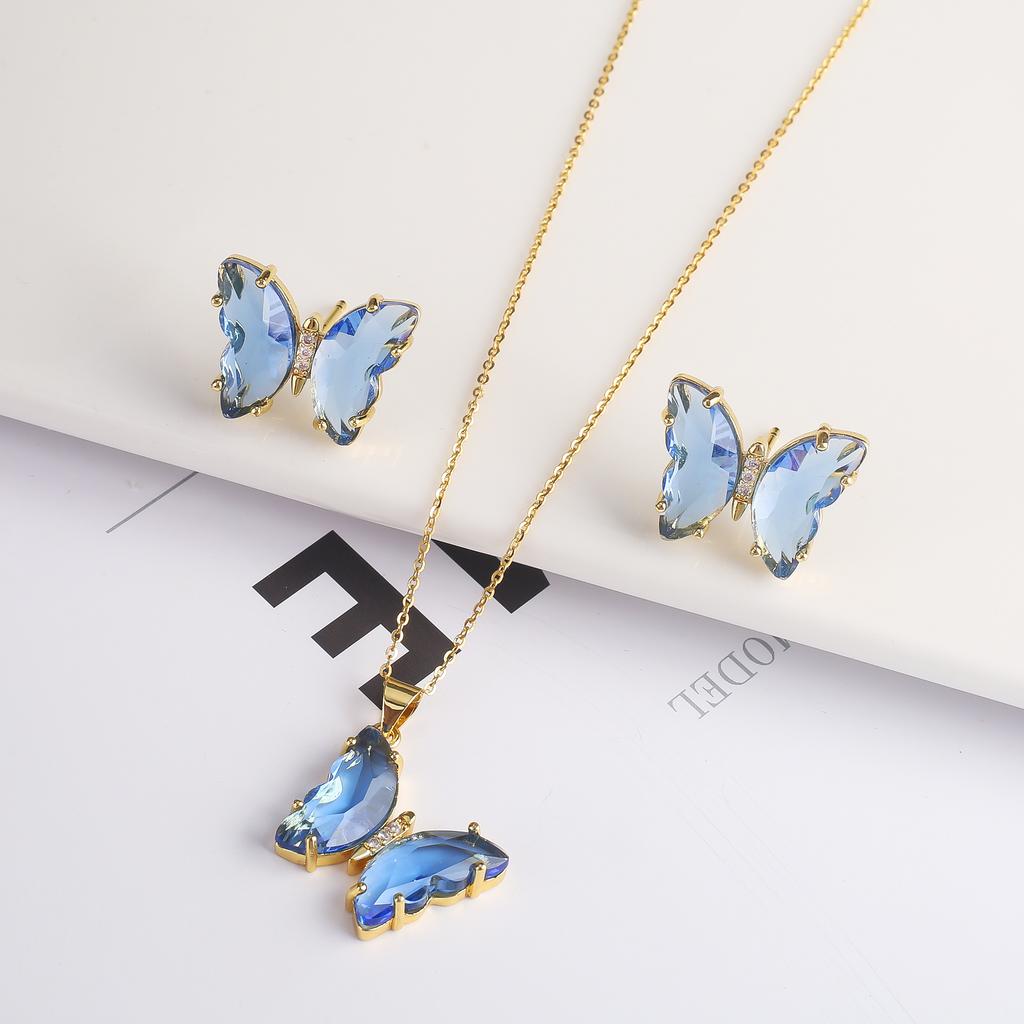 2PC Crystal Transparent Butterfly Pendant Necklace Earrings Jewelry Set Women's Luxury Gold Plated High Quality Gift