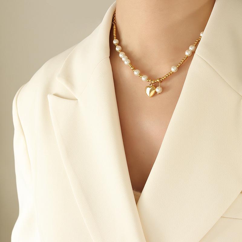 Handmade Heart Pendant Necklace with Faux Pearl & Gold-Plated Titanium Steel for Women's Fashion