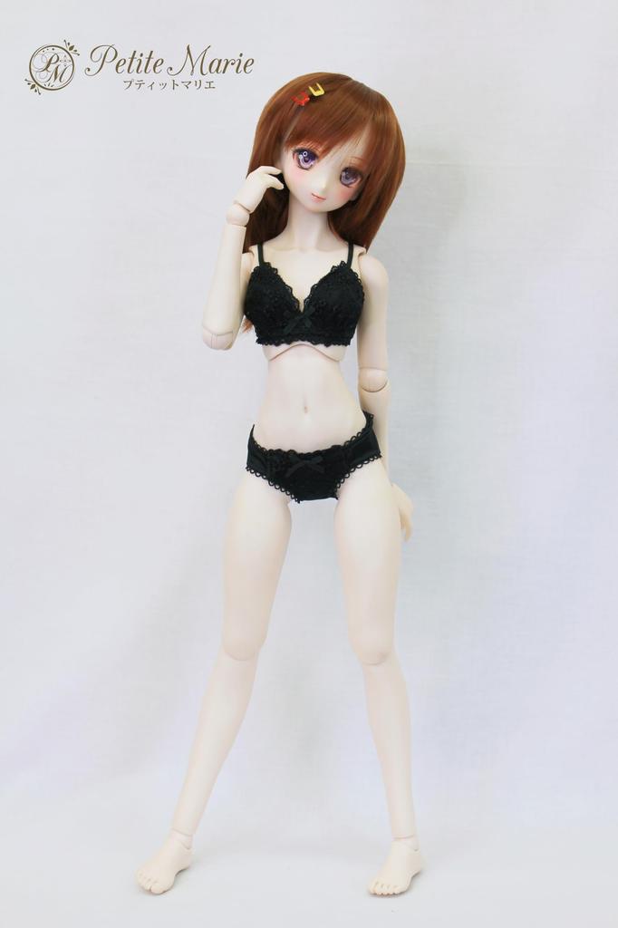 [Petite Marie] 13 DD DDS M Bust Compatible Lingerie Set: Bra and Panties Set, Black, Smooth Material, Floral Embroidery, Floral Lace, 60cm Doll, BJD