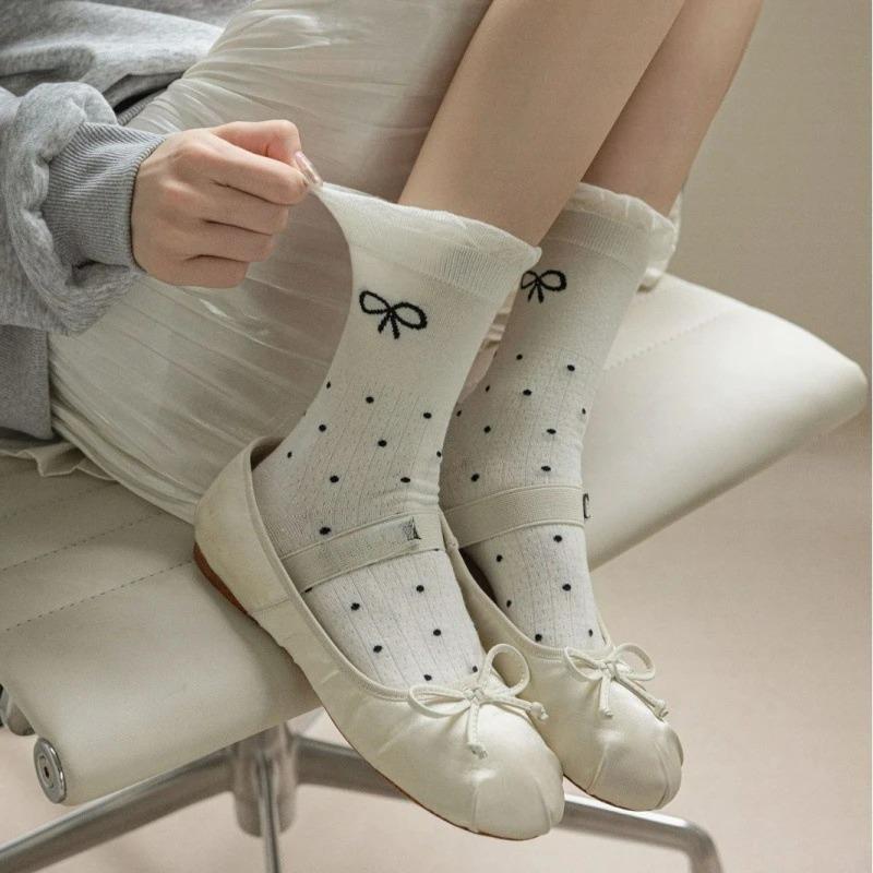 Spring Autumn Sweet Cotton Lolita Ballet Style Ultrathin Breathable Socks for Women Lace Bow Piles of Socks
