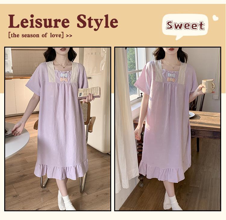 2026 Summer Women's Woven Cotton Nightgown with Bra Pads - Princess Style Short-Sleeve Long Dress