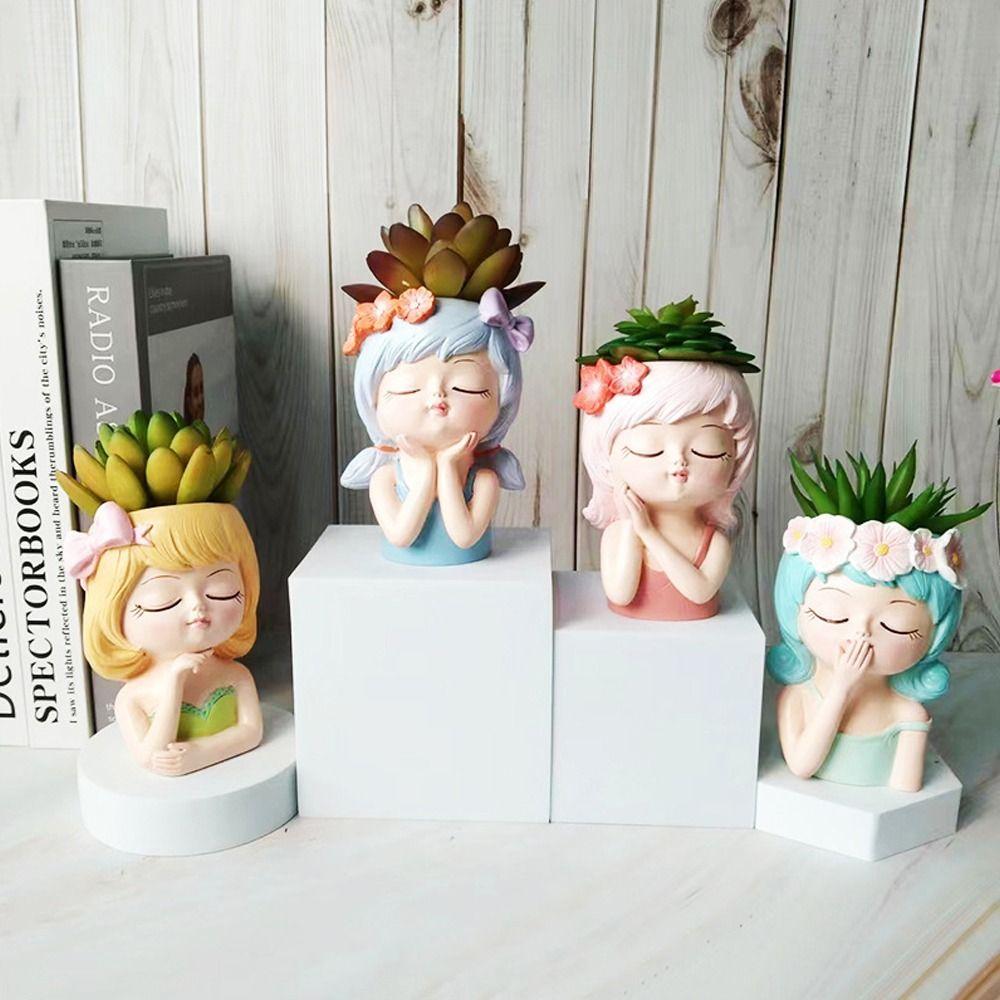 Resin Fairy Flowerpot Girl Statue Succulent Planter Pot Face Planters Pots  Office