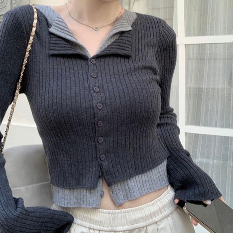 Contrast color fake two-piece long-sleeved lapel knitted cardigan women's autumn and winter slim temperament casual backing sweater top