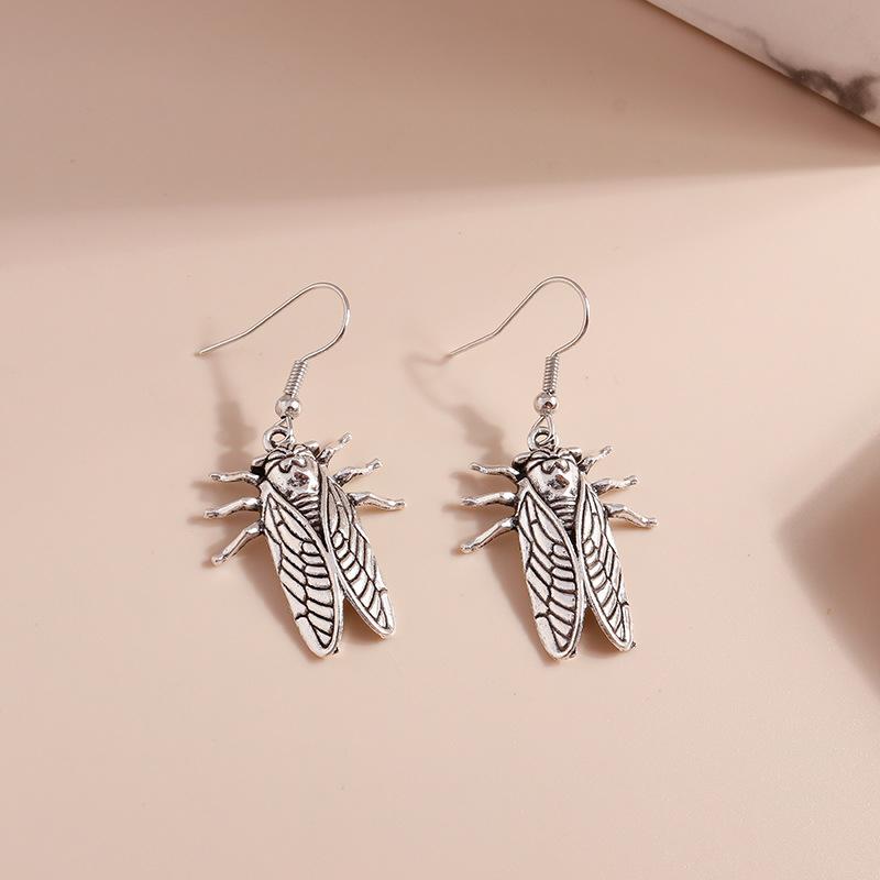 Fashion Antique Silver Color Retro Bohemian Cicada Insect Pendant Dangle Earrings for Women