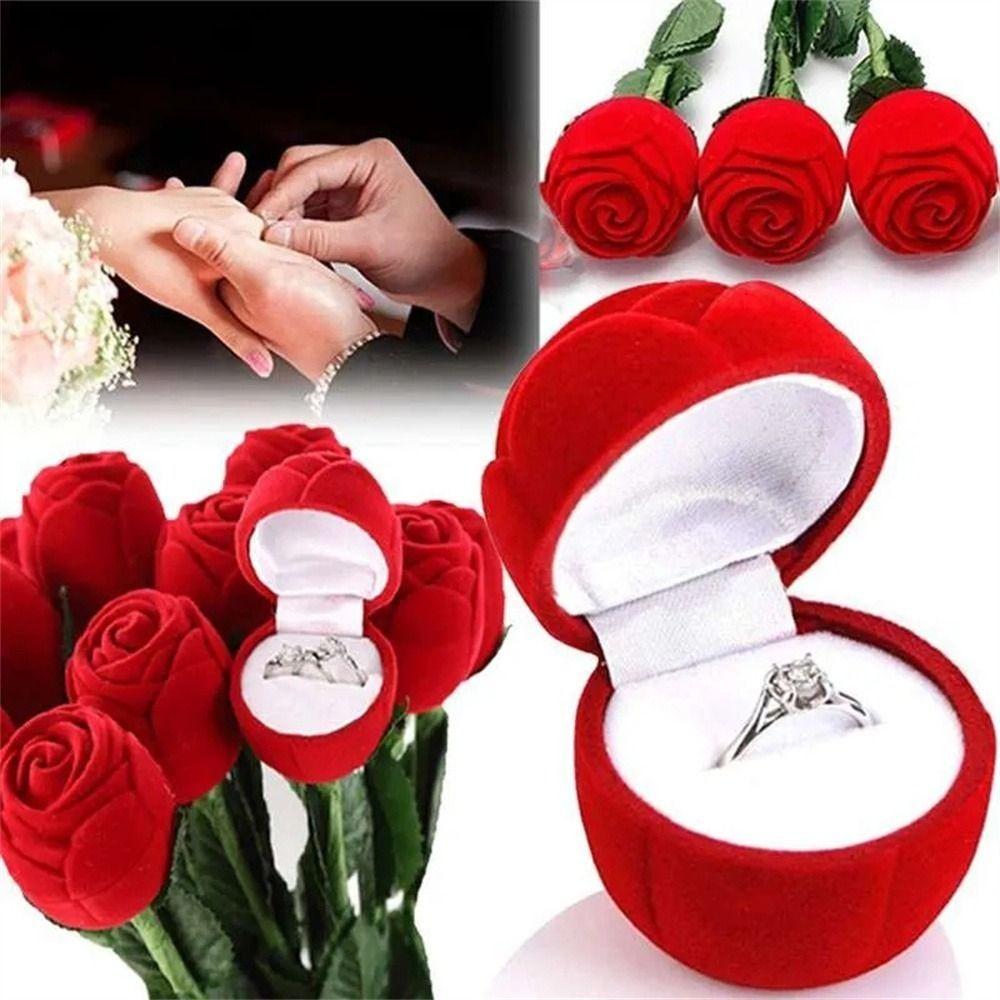 Red Velvet Rose Ring Box with Leaves Simulation Flower Valentine's Day Rose Ring Gimmick Flocking Rose to Ring Box
