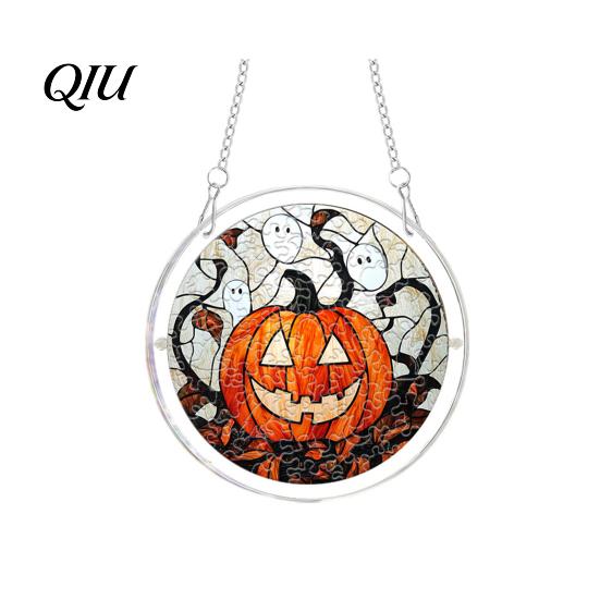 Unique Sun Catcher Gift Halloween Scary Bat Pumpkin Acrylic Jigsaw Puzzle Suncatcher, Stained Glass Style Rainbow Shadow Decor Window