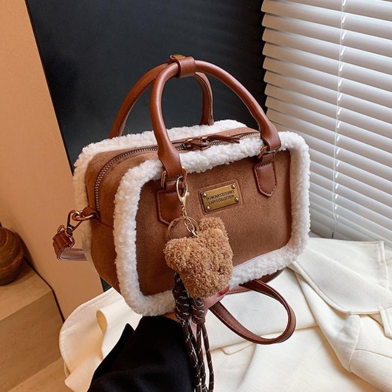 Retro Winter Handbag Matte Crossbody Bag Small Plush Square Bag With Charm Adjustable Shoulder Strap Zipper Wallet