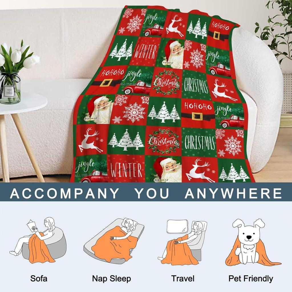 Large Throw Blanket Red Green Plaid Christmas Blanket Xmas Winter Holiday Blanket for Couch Sofa Bed Soft Lightweight FuzzyPlush