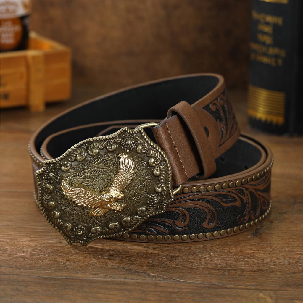 Vintage Western Denimbelte Ku hode Stor plate spenne Denim Gravert Etnisk stil Herre Punk PU lærbelte