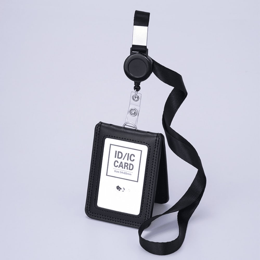 Pochette pour carte d'identité, Permis de travail, Étui en cuir, Carte de travail, Cordon rétractable, Porte-badge poitrine, Disque de label, Carte de travail, Pochette pour carte de bus (Black,C-multicolor) noir