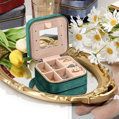 Velvet Jewelry Box For Women Geometric Sqaure Jewelry Storage Case Necklace Ring Earrings Travel Portable Zipper Boxes