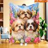 1pc 2D Flat Printing Spring & Summer New Arrival Digital Print Blanket Featuring Three Adorable Shih Tzu Dogs with Colorful Flowers, Suitable for All