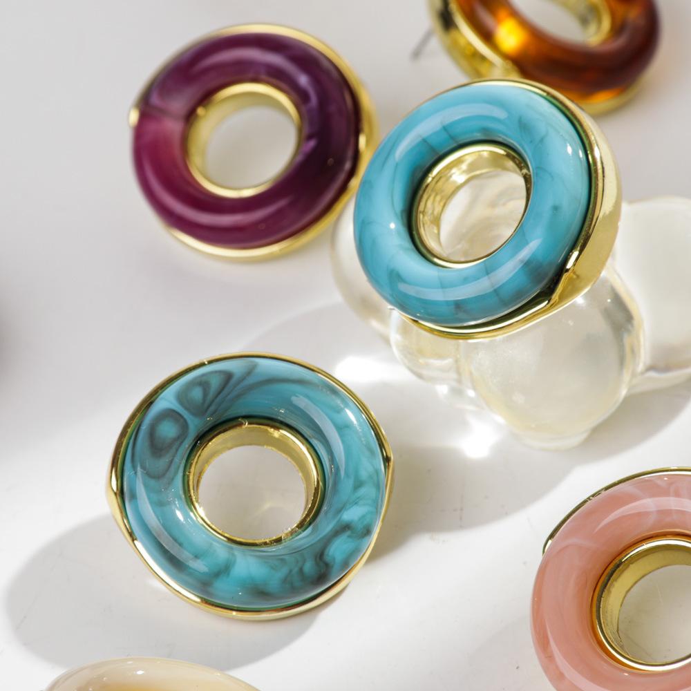 1pair Trendy Resin Inlaid Geometric With Metal Hollow Earring for Women Colorful Donut Shape Earrings Jewelry