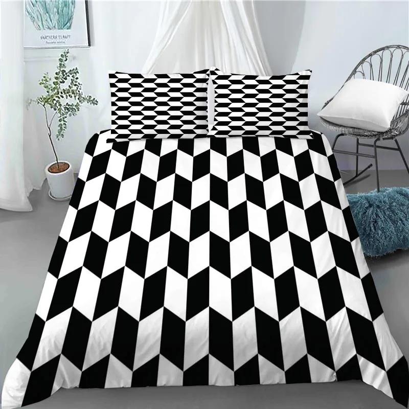 3D Nordic Style Black and White Grid Cute Animal Duvet Cover King Size Polyester Quilt Cover Pillowcases for Home Bedroom Decor