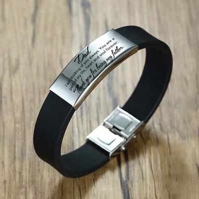Vnox Father's Day Gift To Dad Soft Silicone Bracelet for Men Adjustable Length Stainless Steel ID Bar Customize Engraving Bangle
