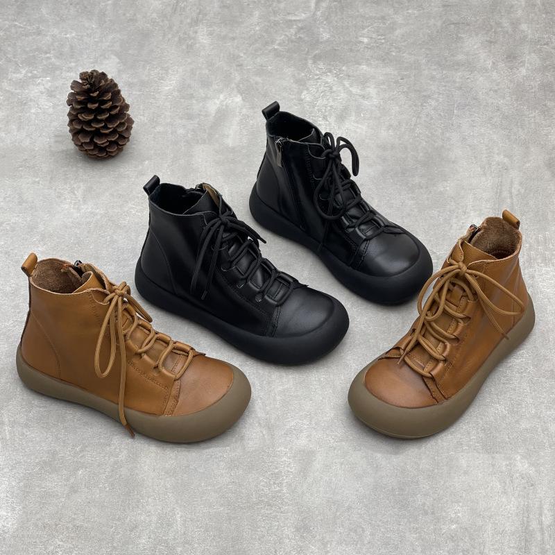 Johnature Handmade Genuine Leather Women's Shoes Retro Flat Versatile Soft Cowhide Lace Up Short Boots