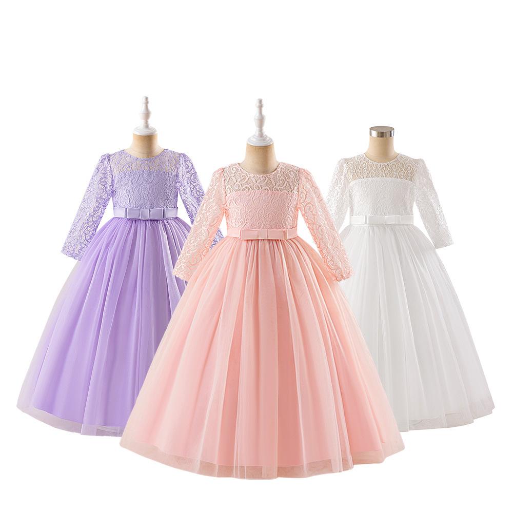 Flower Girl Princess Dress For Weddings Summer Kid Formal Bow Long Gown For School Evening Party Children New Year Cloth D0033S