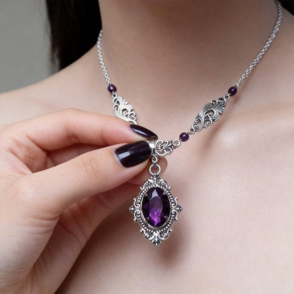 Viktorianische Gothic Halskette Mit Tief Lila Glas Edelstein Legierung Anhänger Für Frauen