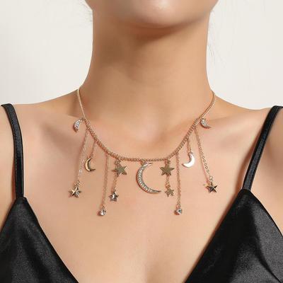 Women's Crescent Star Pendant Necklace with Rhinestone Tassels