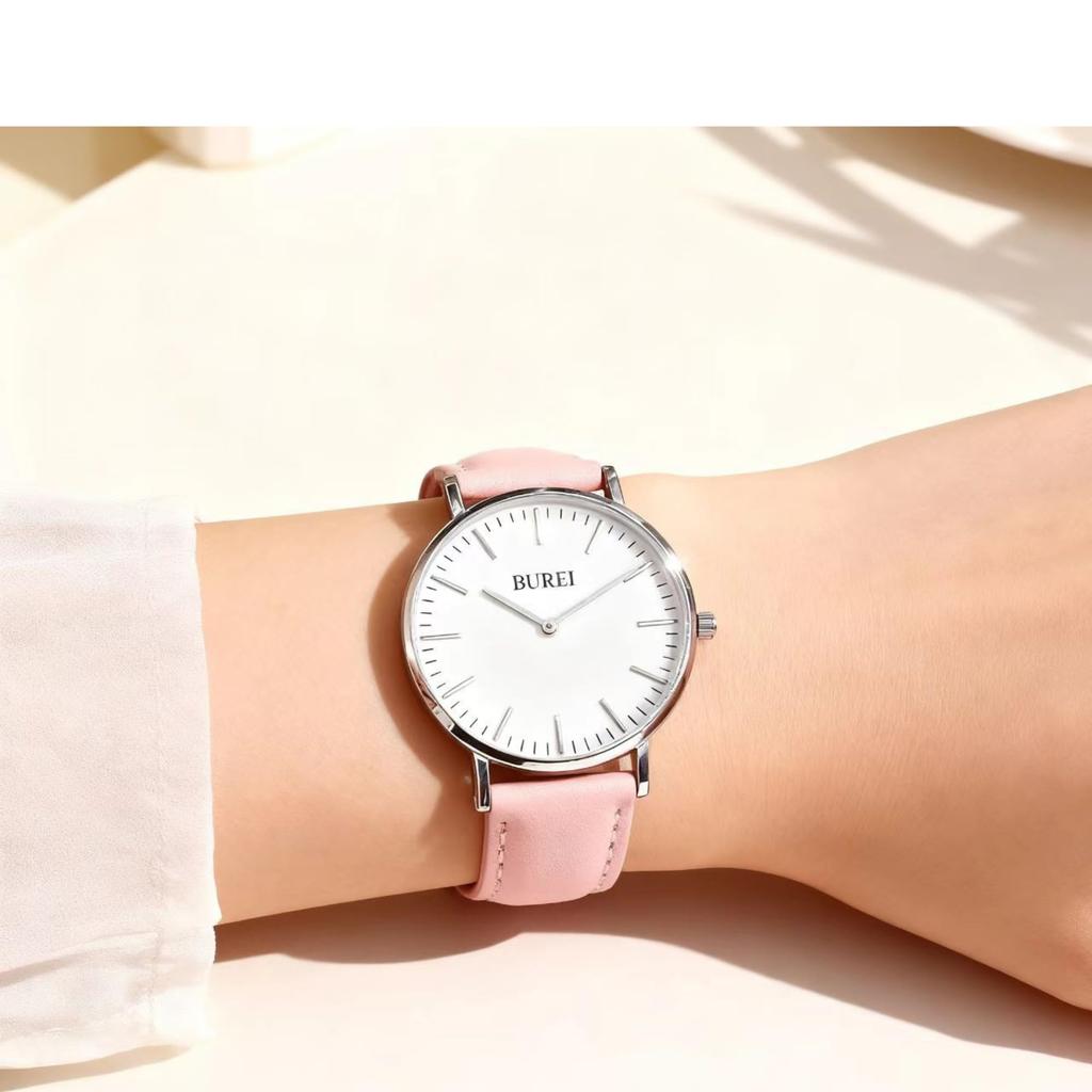 BUREI Women's Analog Quartz Watch Pink Leather Band Simple Stylish Cute Popular Brand Commuting School Watch for Women Slim Lightweight