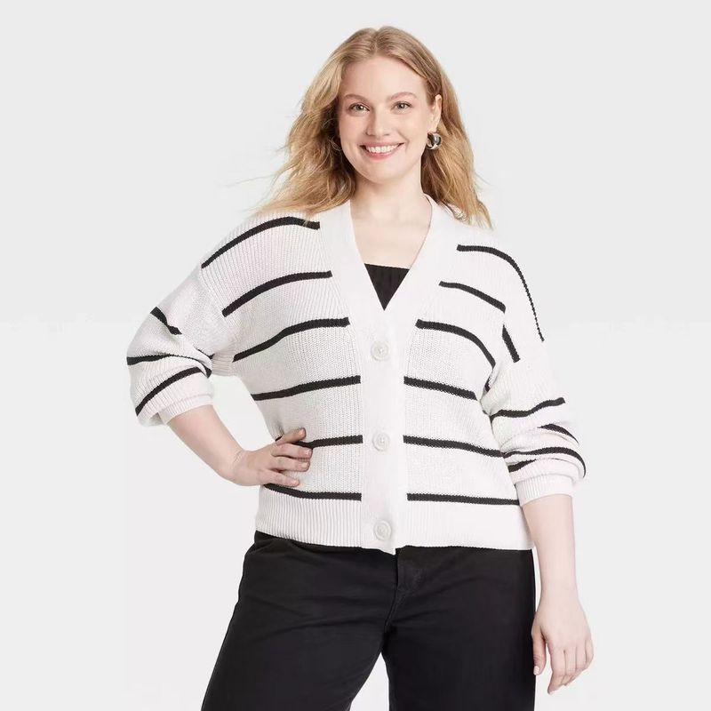 

Sunshine Home Spring New Foreign Trade Europe and America Plus size women clothing Pure Cotton Stripe Long sleeve Sweater Outerwear Knit Cardigan White XS: Bust size 106
