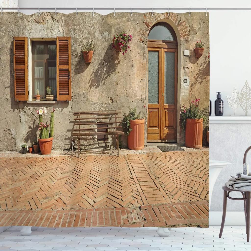 Rustic Wooden Door Shower Curtains Vintage Brick Wall Greenery Leaves Modern Retro Printed Bathroom Decor Bath Curtain Set Hooks