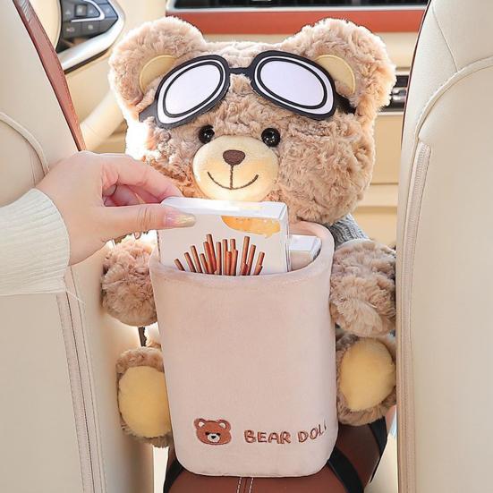 Car Trash Can with Tissue Box Cute Bear Design Plush Doll Waterproof Inner Bucket Car Armrest Organizer Fits Most Center Consoles