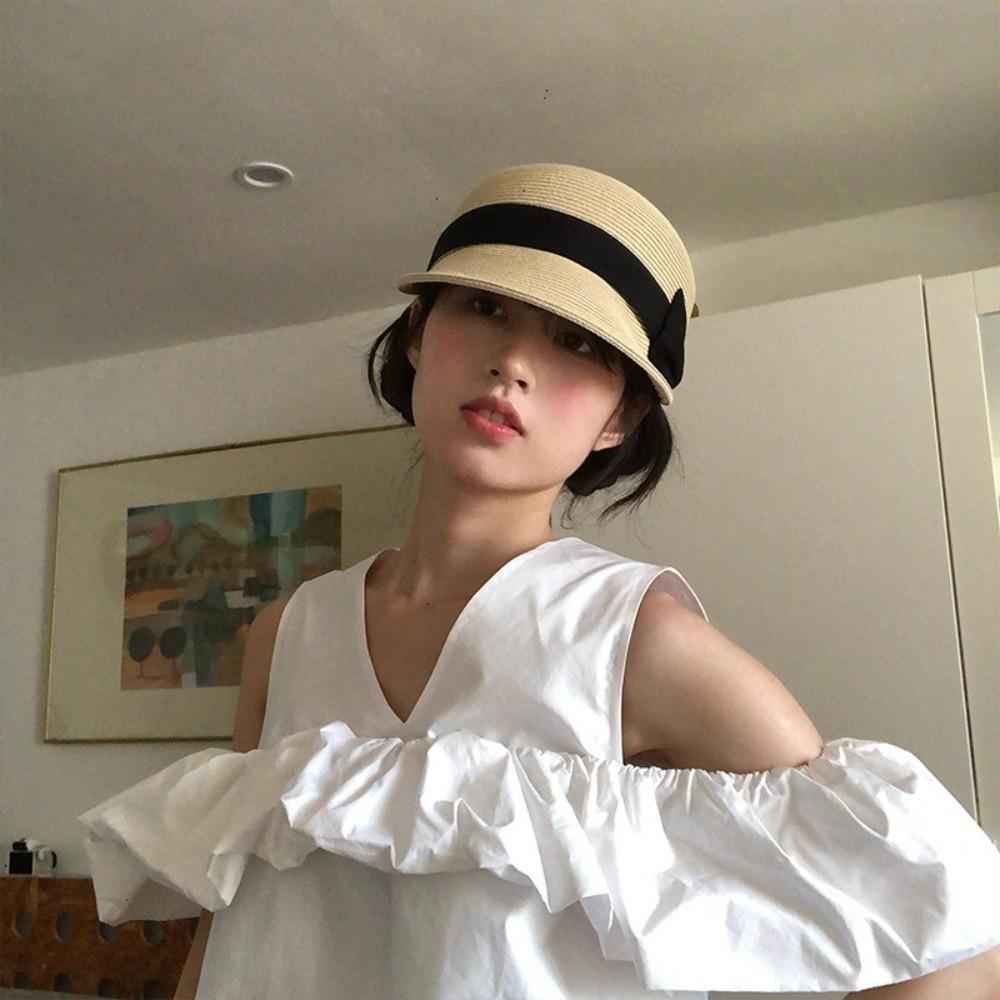Grass Woven Shading Cap Sun Protection Bow Straw Cap Elegant Sun Hat  Outdoor