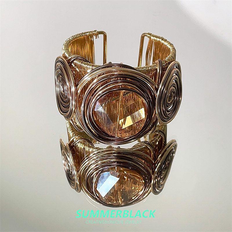 Fashion Retro Fashion Exaggerated Style Large Crystal Copper Color Bracelet Female Niche Style Unique Design All-Match Jewelry Copper Threaded Gemstone Bracelet