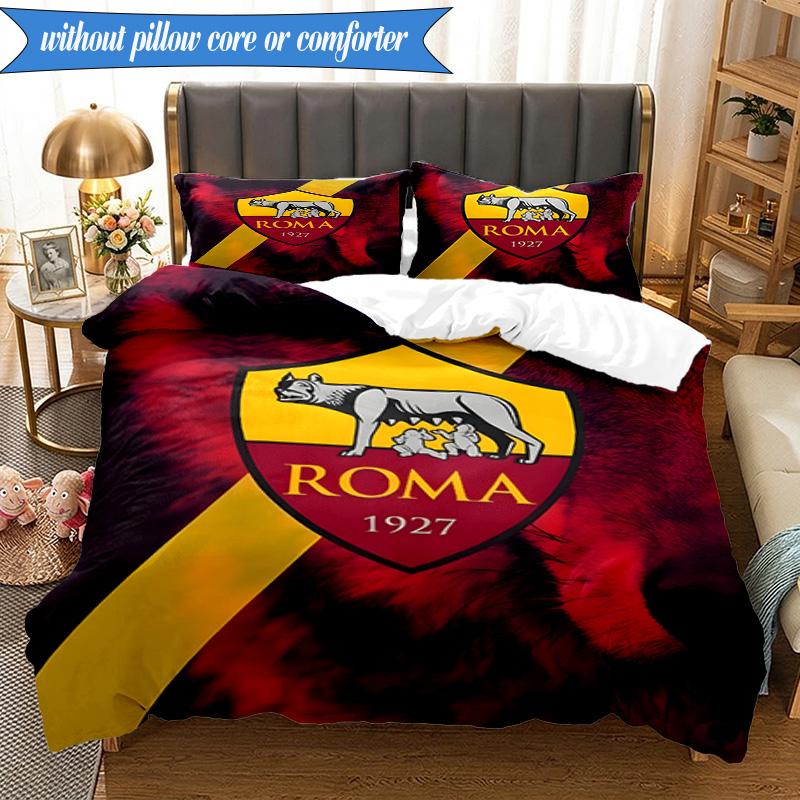 3PCS AS Roma1 Football club Printed Soft Bedding Set,Including 1pc Duvet Cover And 2pcs Pillowcases Perfect for Bedroom, Dormitory, Fan gift