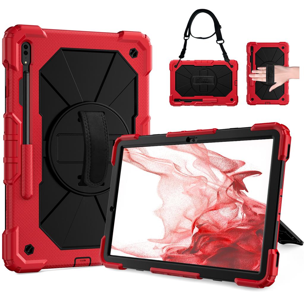 For Samsung Galaxy Tab S7/ Tab S8/ Tab S7 FE/ Tab S7+/ Tab S8+ Built-In Apple Pencil Groove Shoulder Strap Design 360° Rotating Grip Shockproof Case