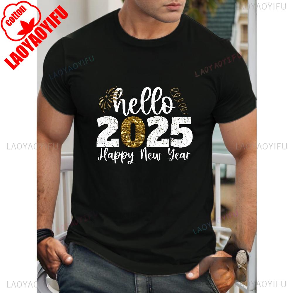 

Мужская удобная хлопковая футболка с принтом Hello 2025 Повседневная с круглым вырезом и короткими рукавами Машинная стирка Круглый вырез Короткий рукав 4XL