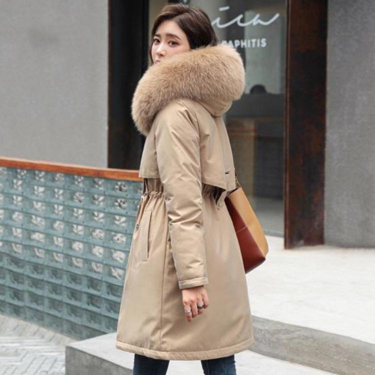 Winter Plus Size Jacket Women Long Sleeve Knee Length Thick Plush Furry Hood Pockets Zipper Button Closure