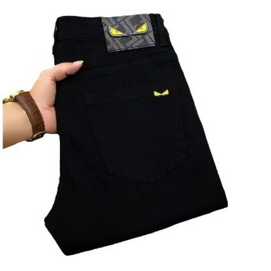 High-End 2024 Men's Designer Black Jeans: Slim-Fit, Printed, Versatile Trousers for Spring & Autumn.