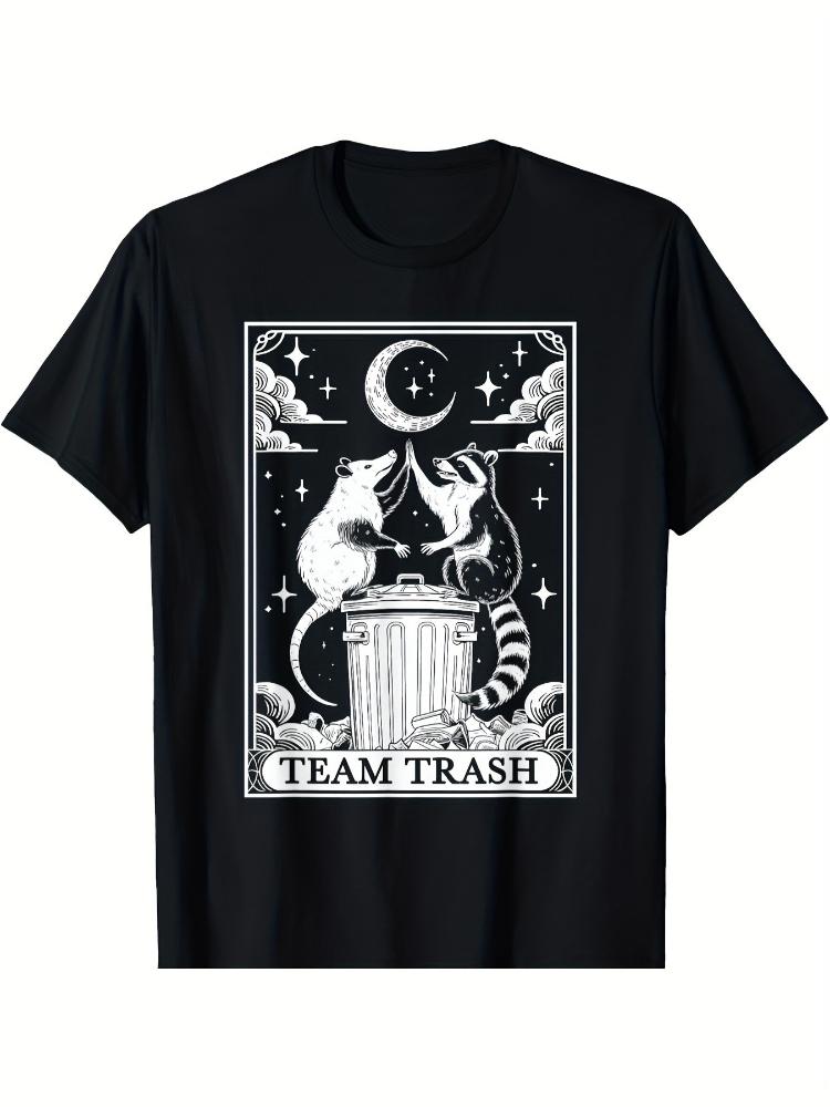 Vintage Gothic Team Trash Tarot with RaccoonOpossumCrescent Moon Dumpster Design100 Cotton Printed Mens Tshirt