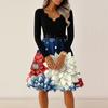 Flag Dress for Women Long Sleeve Floral Print 4Th Of July Dresses for Women Patriotic Dress Scalloped Neckline Usa Dress
