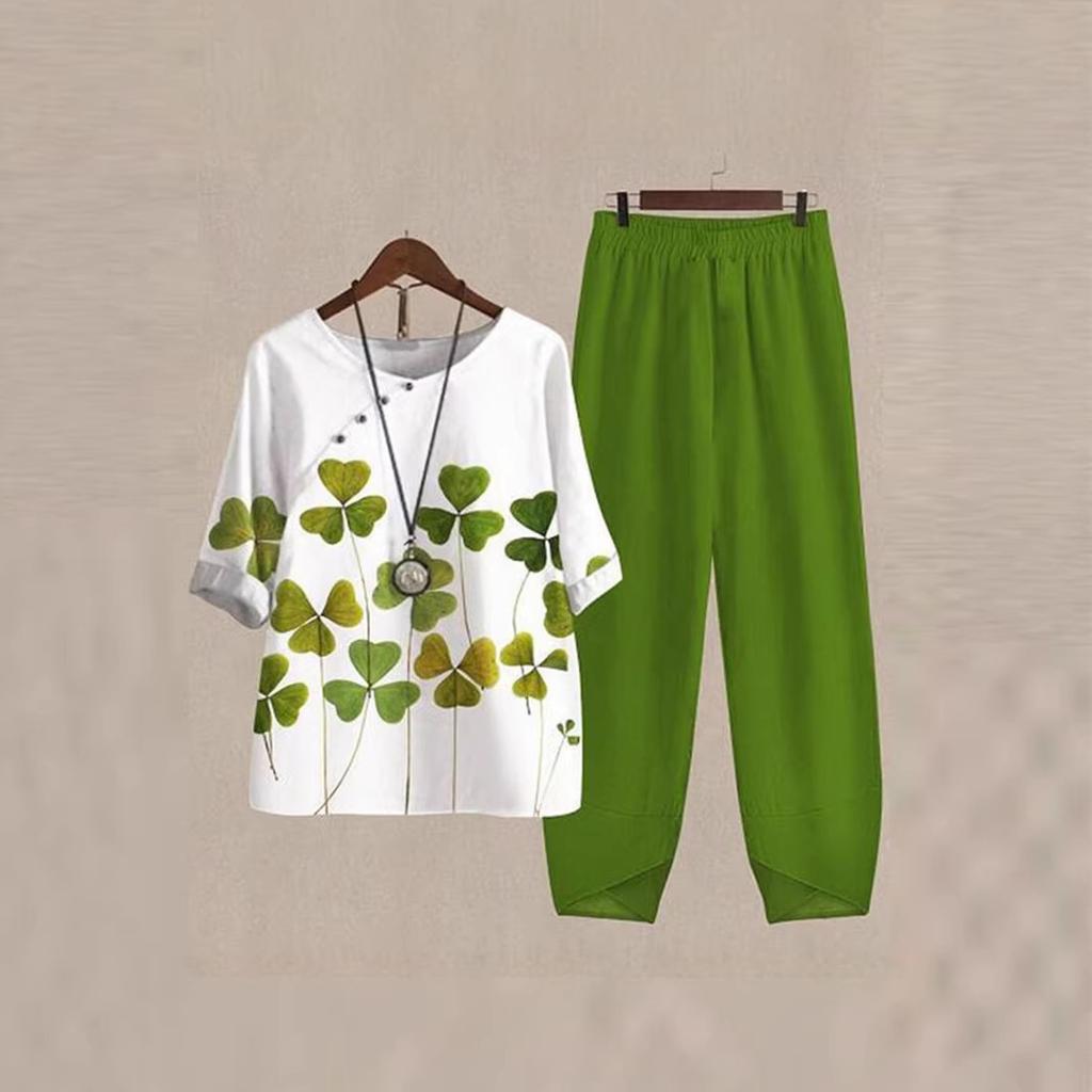 Women's Loose Fit Floral Printed Two Piece Outfit Half Sleeve T-Shirt Elastic Waist Pantsuit