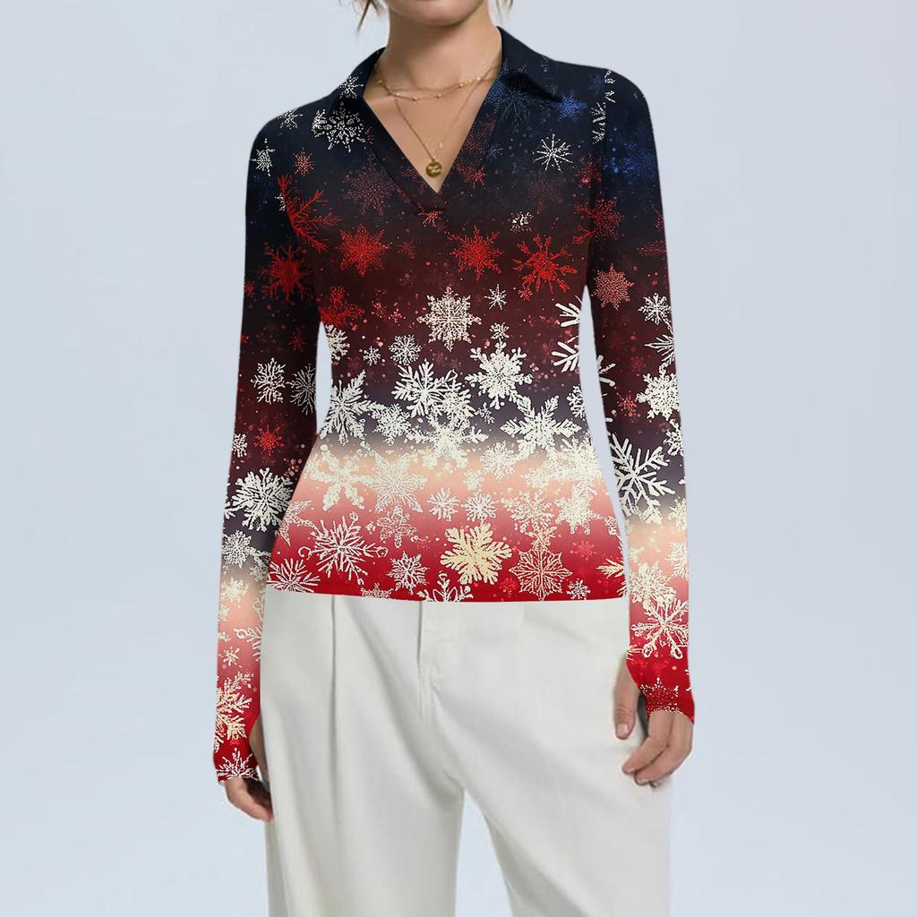 Women's Fashion Casual Christmas Print V-Neck Long Sleeve Button-Down Top