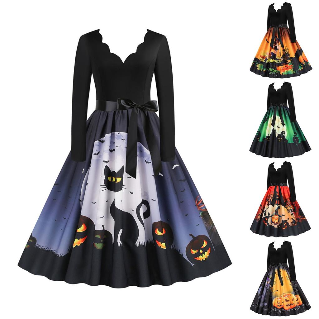 Women's Casual Halloween Printed V-Neck Zip-Up Long Sleeve Panel Swing Dress
